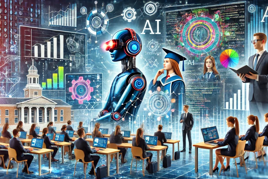 A dynamic illustration showing the intersection of business education, AI, and technology trends. On the left side, depict a business school classroom