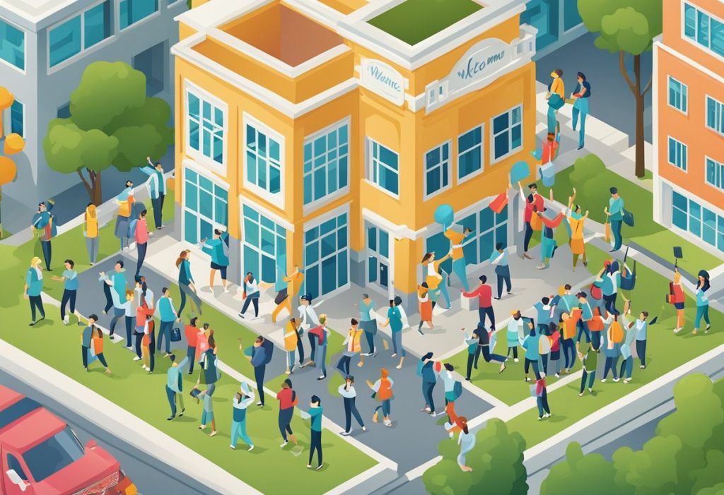 Easiest Dental Schools to Get Into - group oif students outside of dental school. isometric illustration with greens, blues and yellows,